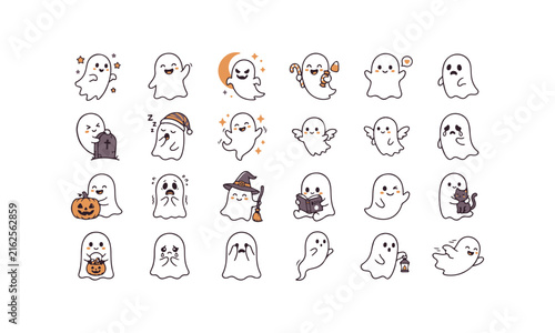 Принти на полотні Cute halloween ghost character vector icon set with pumpkin witch hat candy moon