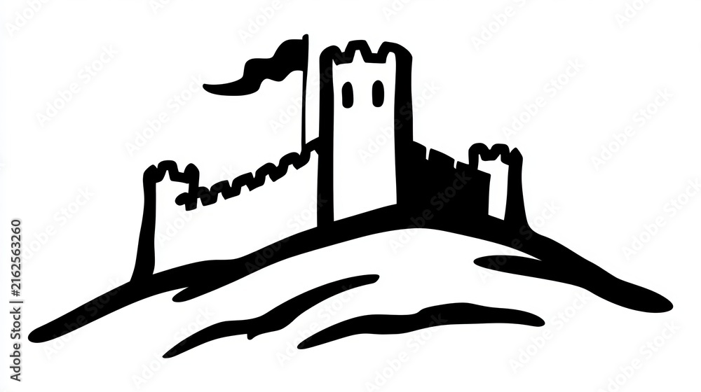Fototapeta premium Minimalist Black Castle Logo Outline Icon Isolated on White Background for Fantasy Game Graphics