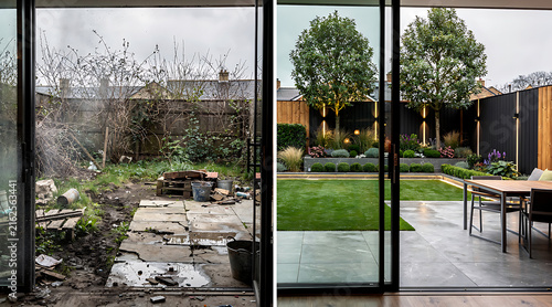 Transformation of a neglected backyard into a contemporary outdoor living space with lush greenery and modern design elements