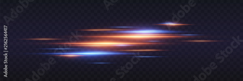 Dynamic glowing orange and blue light streaks creating a fast motion effect on a transparent background