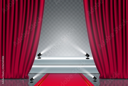 Red velvet curtains open to a brightly lit stage and red carpet on a transparent background