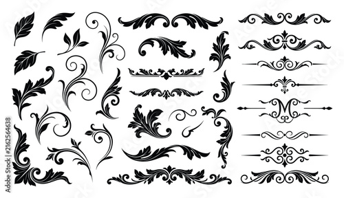 Floral scroll ornaments including acanthus leaves and swirl dividers for luxury branding.