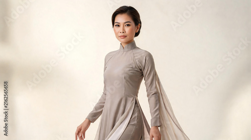Full length studio portrait of an elegant woman in a flowing grey silk tunic dress with a mandarin collar, posing against a soft cream backdrop with gentle shadows.