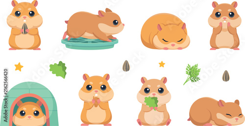 Obraz na plátne Cute Cartoon Hamster Mascot Vector Sticker Set with Running Wheel Sleeping Hideo