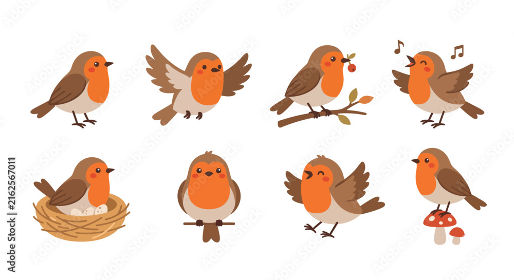 Fototapeta premium Set of cute little robin birds in different poses and actions for nature design projects Vector