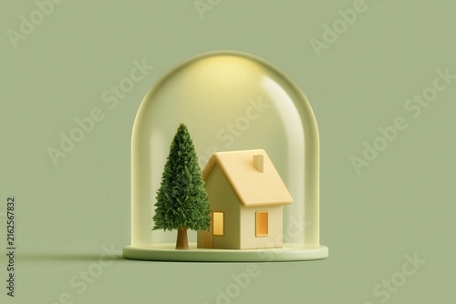 Green roof house and tree protected inside a transparent glass dome on a light base, symbolizing eco-friendly living