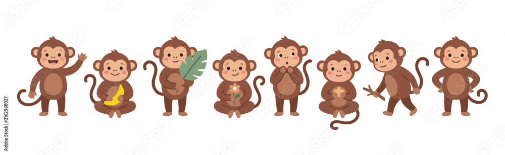 Fototapeta premium Set of cute cartoon monkeys in various poses and actions for children illustration design Vector