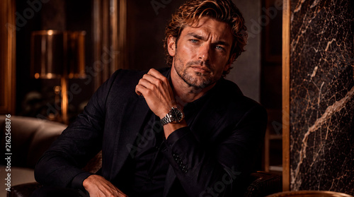 Confident handsome man in an elegant black suit seated in a luxurious dark interior, wearing a sophisticated wristwatch and posing with a serious expression under warm cinematic lighting. Premium fash