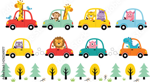 Canvas Print Cute cartoon animals driving cars vector set, 8 colorful nursery transport illus