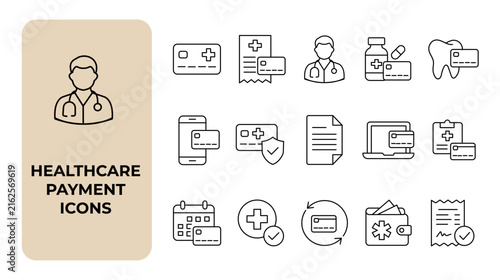 Healthcare Payment Line Icon Set with Medical Billing Insurance Invoice Credit Card Doctor and Hospital Finance Symbols