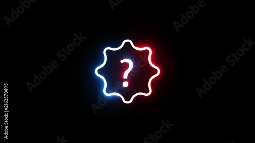Neon glowing question mark inside abstract gear shape rotating in dark background footage