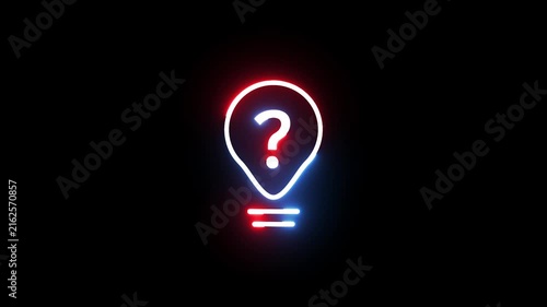 Neon lightbulb icon with flickering question mark symbol glowing on dark black background