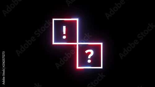 Neon glowing exclamation and question mark signs blinking in darkness for abstract motion