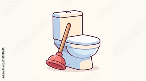 A ceramic toilet bowl with a red rubber plunger standing next to it on a clean background