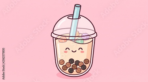 Cute bubble tea cup with smiling pearls and colorful jelly cubes on a pink background