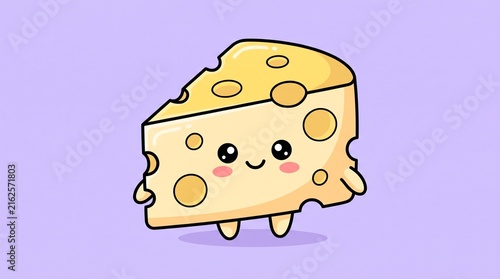 Cute cartoon cheese slice character with a happy smiling face and blushing cheeks on a light purple background