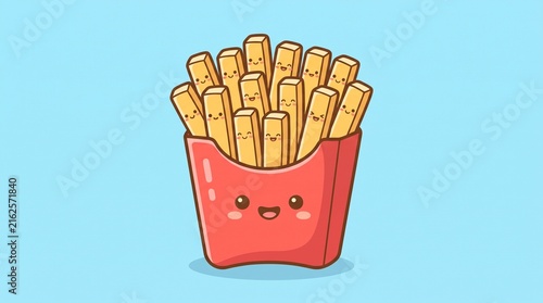Cute cartoon fries in a red container with happy smiling faces on a light blue background