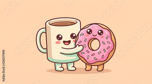 Cute cartoon coffee mug character hugging a sweet pink frosted donut friend on a plain background