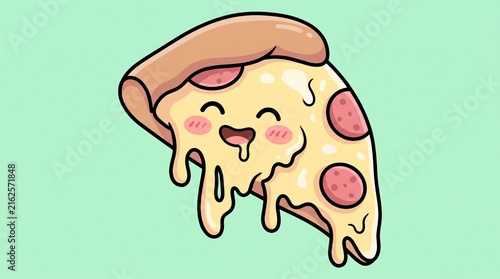 Cute cartoon pizza slice character with melting cheese and pepperoni toppings on a soft pastel background