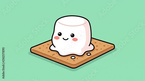 Cute marshmallow character sitting on a graham cracker square isolated on a solid green background