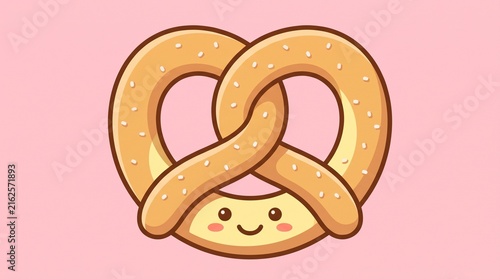 Cute pretzel character with a happy smiling face on a soft pink background
