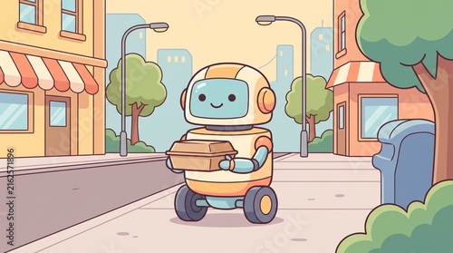 Cute delivery robot carrying a food container on a sunny city sidewalk
