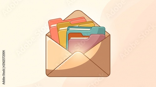 Open envelope containing colorful organized document folders representing digital data management and efficient information storage