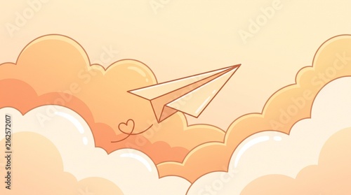 Paper airplane flying through fluffy clouds with a heart trail in a soft pastel aesthetic background