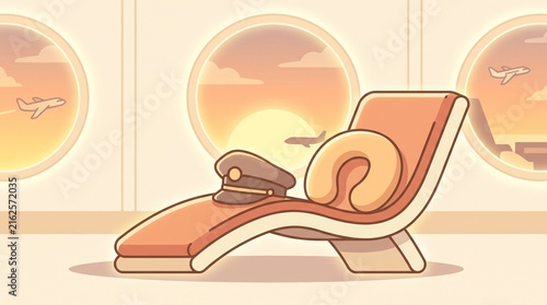 Pilot hat and neck pillow resting on a lounge chair inside an airplane cabin with sunset view through windows