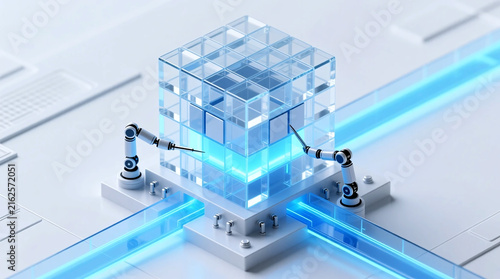 Precise isometric 3D visualization of AI ethics regulation concept, showing robotic arms assembling glass cube framework on clean white tech platform