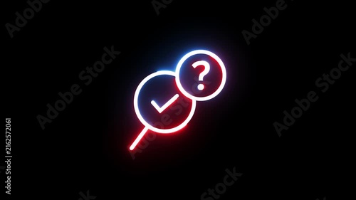 Neon check mark and question mark icons flashing in dark space for business quiz concept