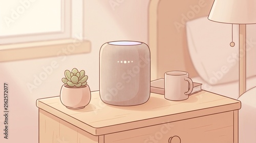 Smart home speaker sits on a bedroom nightstand with a succulent plant and morning coffee in a cozy minimalist apartment room