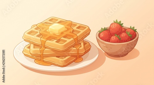 Stack of golden waffles with melting butter and syrup served with a bowl of fresh strawberries