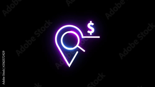 Neon location search icon animation with dollar sign symbol against dark studio background