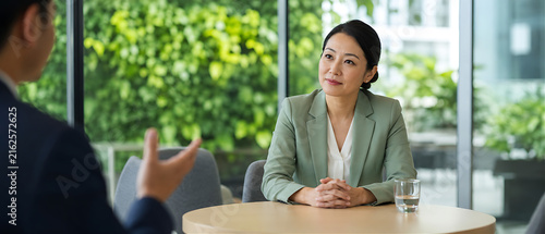 Female leader listening attentively to team member presentation in glass room — sage green blazer, active listening, leadership, bright office