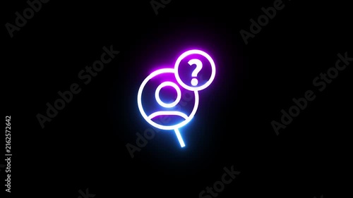 Neon glowing avatar icon with question mark symbol flickering in darkness motion footage