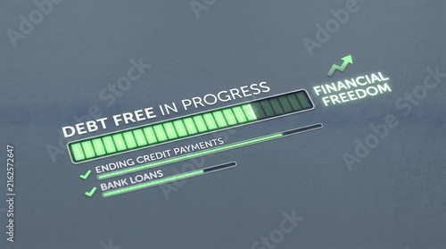 Finance, Loading. The words debt free in process are standing next to the loading bar, ending credit payments and bank loans, financial freedom