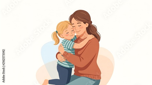 Illustration, Family. A heartwarming illustration of a mother and daughter sharing a loving hug, expressing familial affection and bond