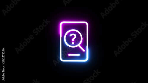 Neon smartphone search icon with question mark inside magnifying glass on black background