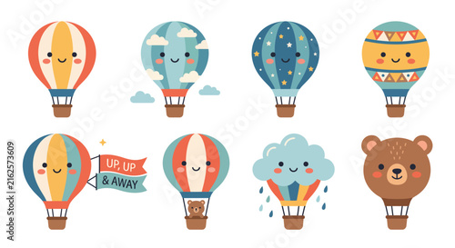 Set of cute cartoon hot air balloons with smiling faces and colorful patterns for kids Vector