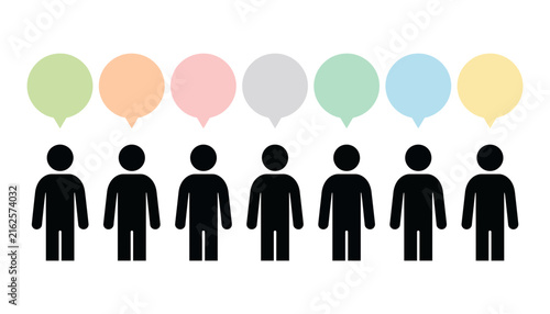 A row of diverse people represented by black icons with colorful speech bubbles in a minimalist silhouette