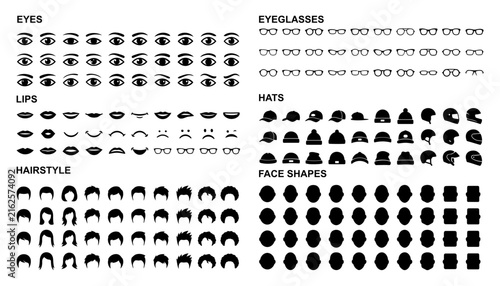 Collection of human facial features and head accessories presented in a clean black graphic silhouette