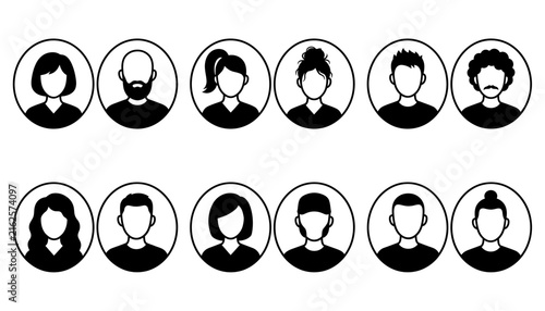 Set of diverse people portraits featuring various hairstyles and facial features in a minimalist black silhouette