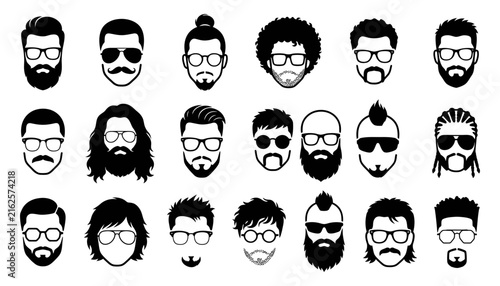 Collection of various male hairstyles and beard styles presented in a minimalist black and white silhouette