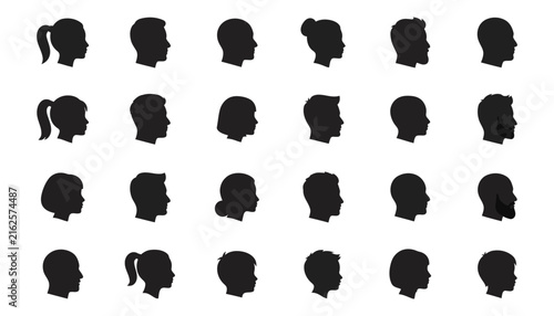 Collection of diverse human head profile icons featuring a minimalist and clean black flat design silhouette