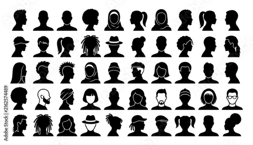 Diverse collection of human head profile portraits featuring a clean and modern minimalist black vector silhouette