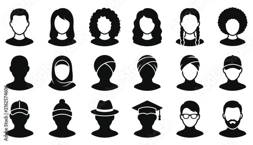 Collection of diverse people headshot avatars featuring various hairstyles and headwear in a flat black silhouette