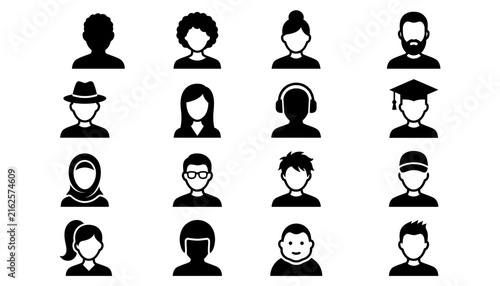 Set of diverse human avatar icons featuring a clean and minimalist black and white character silhouette