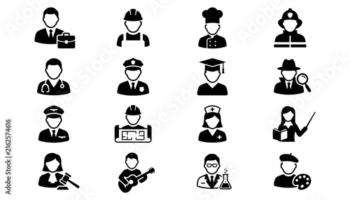 Set of diverse professional occupation icons displayed in a clean and modern black and white silhouette