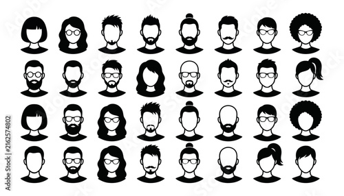 Collection of diverse male and female human head avatars displayed in a clean flat graphic silhouette